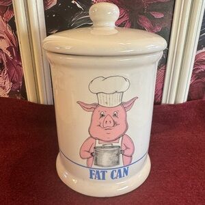 VTG “fat can” bacon grease ceramic canister jar featuring pig in chefs hat